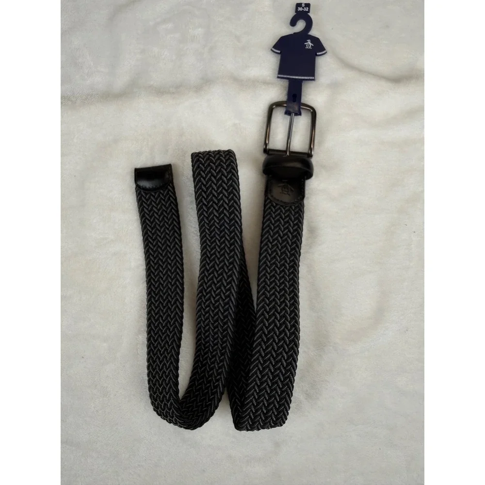 Original Penguin Mens Braided Elastic Stretch Belt Grey Black Small 30-32 New